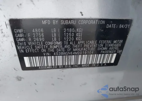 2021 Subaru Legacy Limited Xt z USA, uszkodzony, nr VIN 4S3BWGN64M3019104